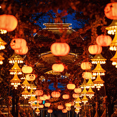 Halloween decorations at night in Tivoli gardens